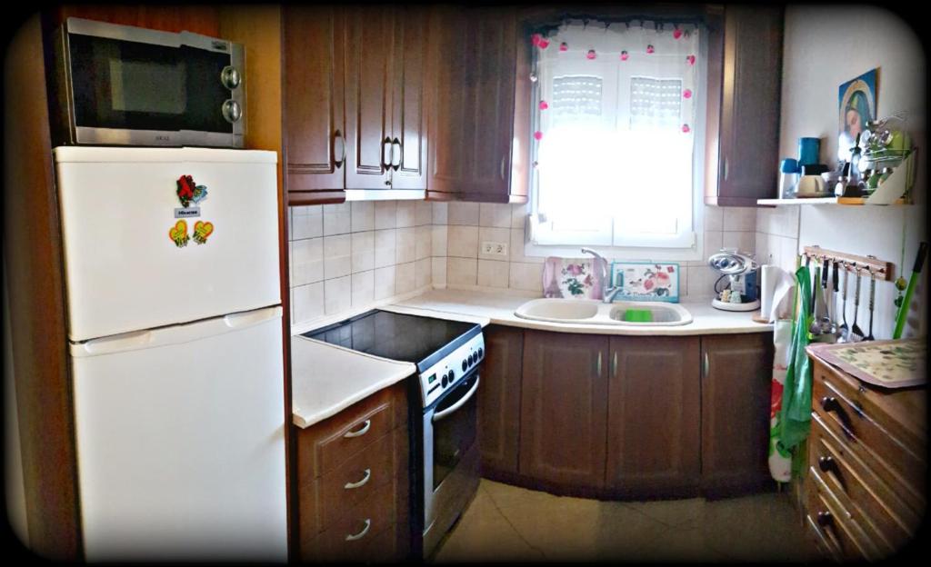 尼亚普拉莫斯Rose Apartment的厨房配有白色冰箱和水槽