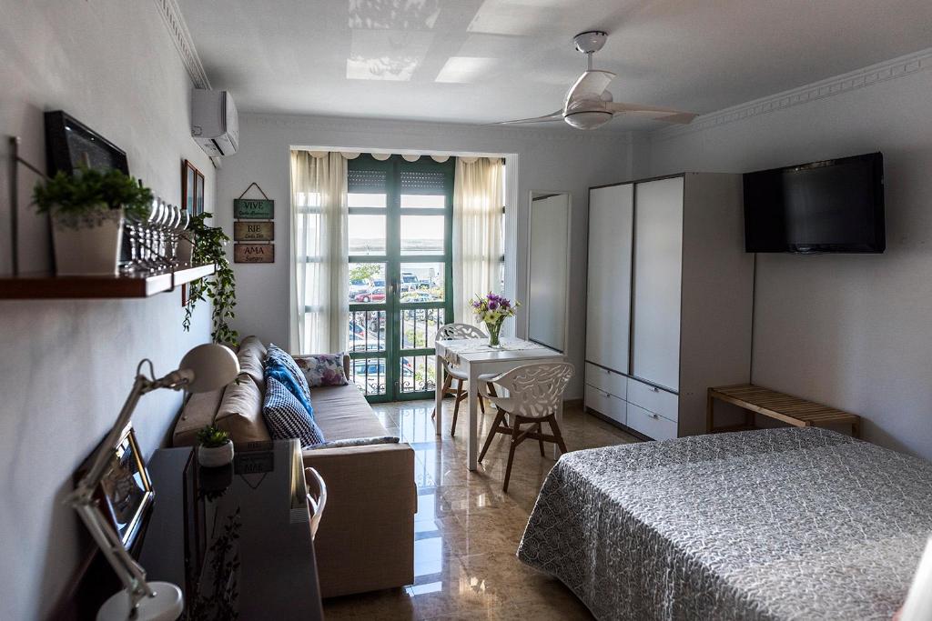 阿亚蒙特Suite Mirando al Guadiana的一间卧室设有一张床和一间客厅。