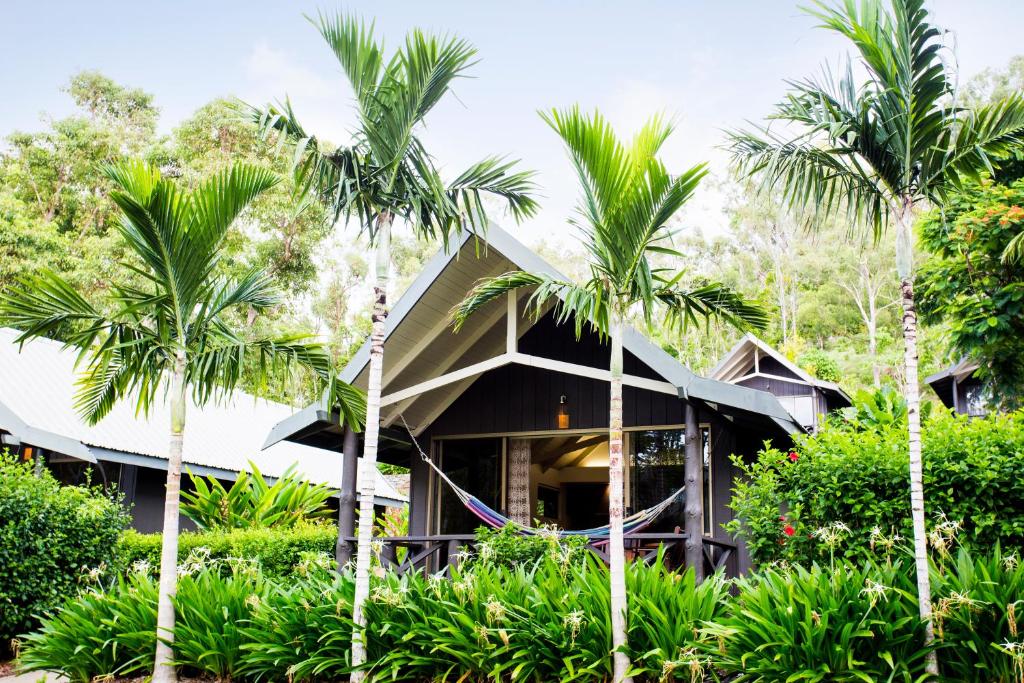 汉密尔顿岛棕榈简易别墅酒店的前面有棕榈树的房子
