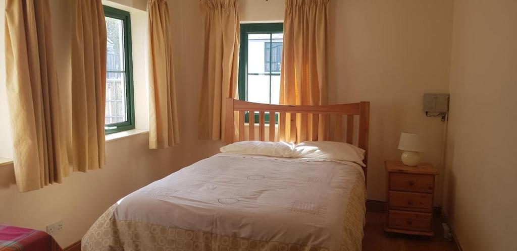 Killeenleagh Bridge布鲁德罗玛德罗米旅馆的一间卧室设有一张床和两个窗户。