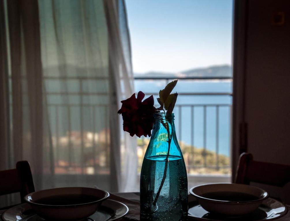 帕雷恩特西菲基昂Paradise View Apartment的花瓶,桌子上放着鲜花,窗户