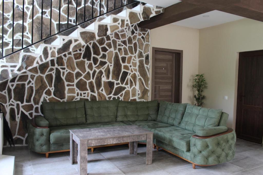 博尔若米Nikala's house的客厅设有绿色沙发和石墙