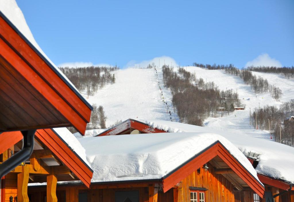 赫马万Tunet的雪覆盖的滑雪小屋屋顶,雪覆盖的斜坡