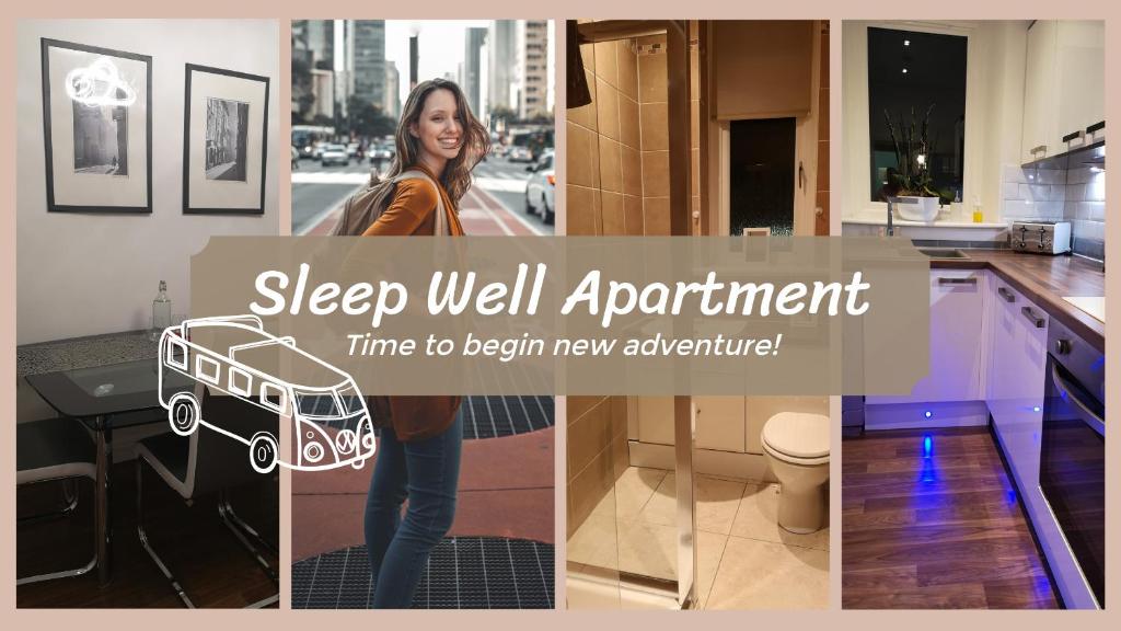 格拉斯哥Sleep Well Apartment的站在带婴儿车的厨房中的女人