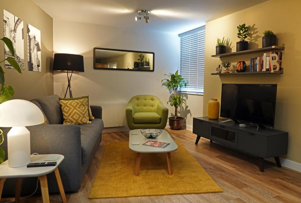 卡迪夫Modern One Bedroom Apartment in Cardiff Bay的带沙发和电视的客厅