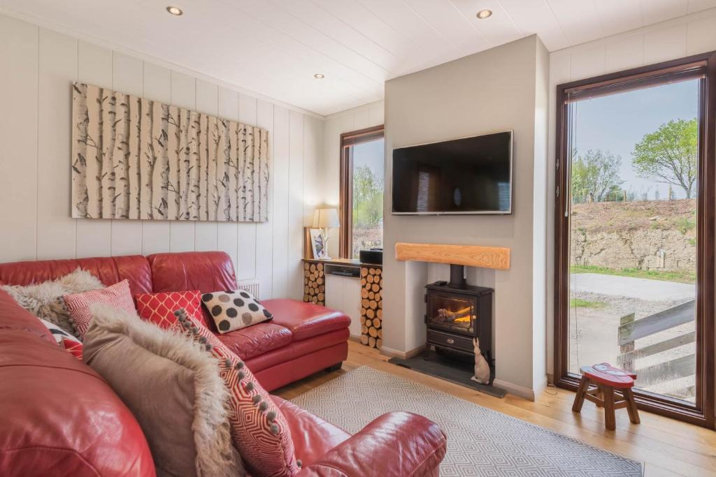 巴森斯韦特Dobby Lodge的客厅设有红色的沙发和壁炉