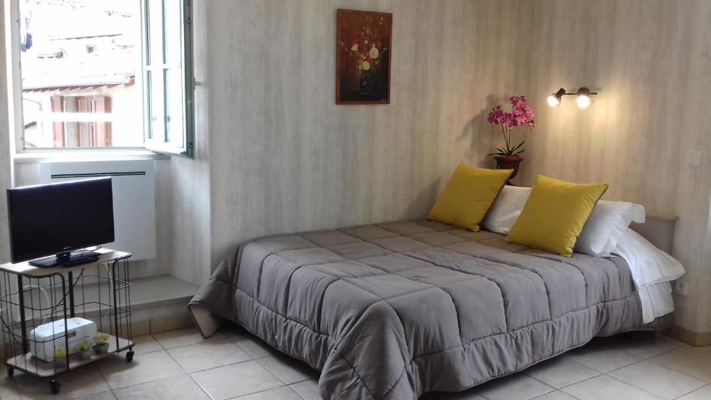 勒布伊Le Petit St Jacques的一间卧室配有一张带黄色枕头的床和电视。