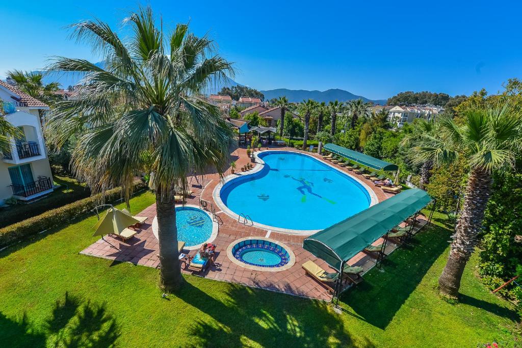 费特希耶瑞彬海滩酒店的享有棕榈树游泳池的顶部景致