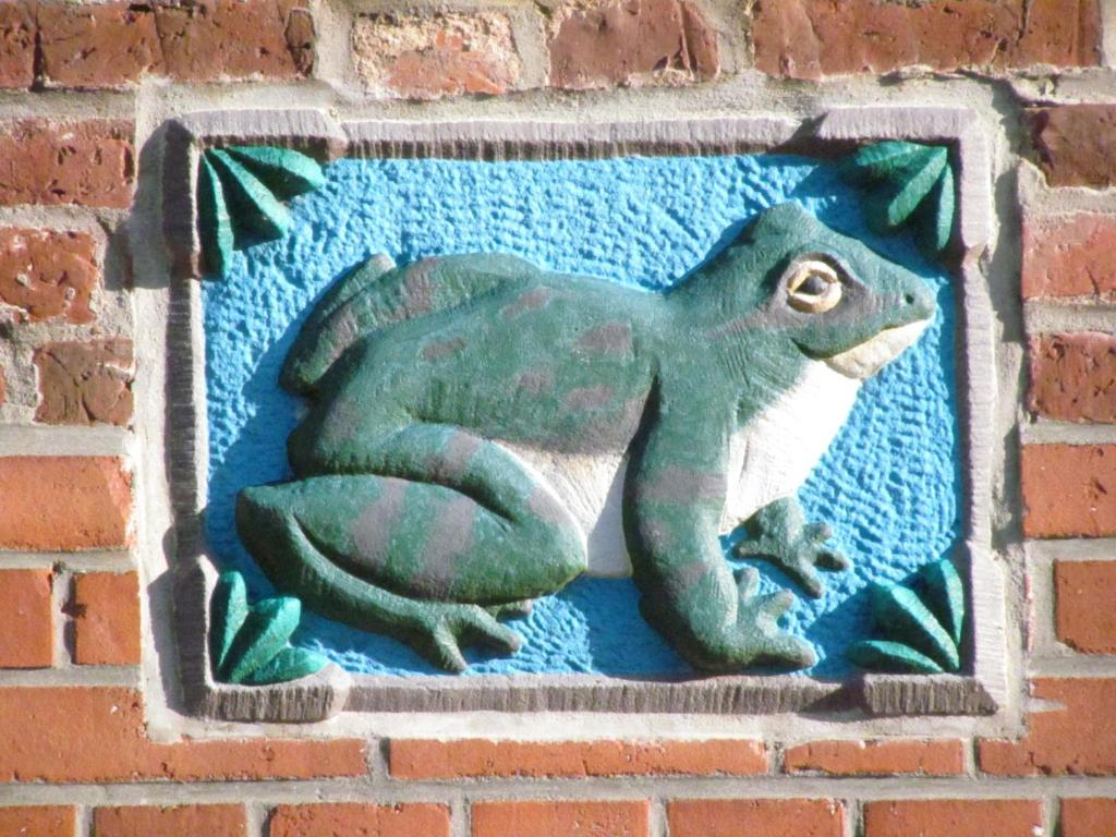 腓特烈Apartments im Froschhaus mit Frühstücksküchen的砖墙上的绿色蜥 ⁇ 
