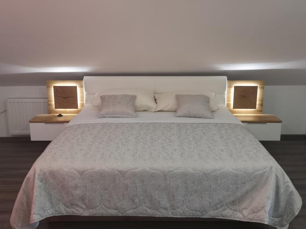 Ličko Petrovo SeloApartments Paradise的一间卧室配有一张带两盏灯的大型白色床。