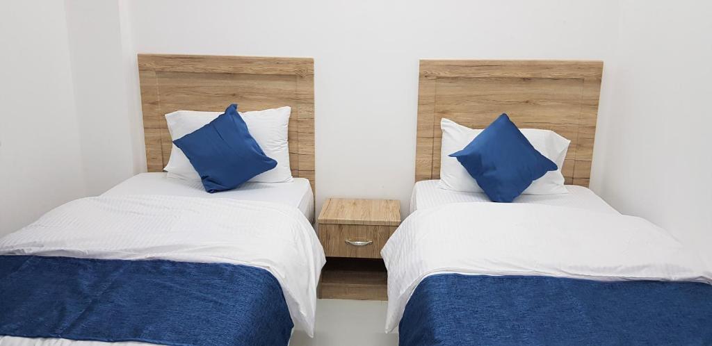 杜科姆Duqm Suites的两张带蓝色枕头的床