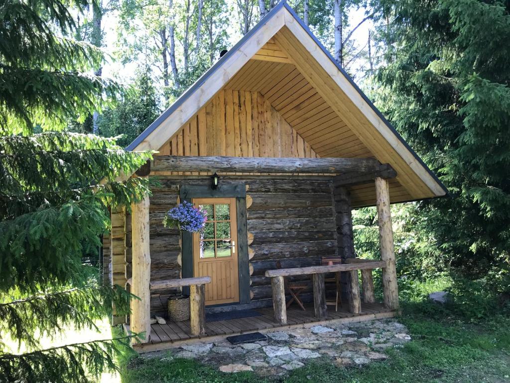 TepelväljaHaaviku Nature Cottage的小木屋设有门廊和门