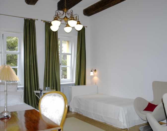 雷根斯堡金色克鲁兹酒店的卧室配有一张床和一张桌子及椅子