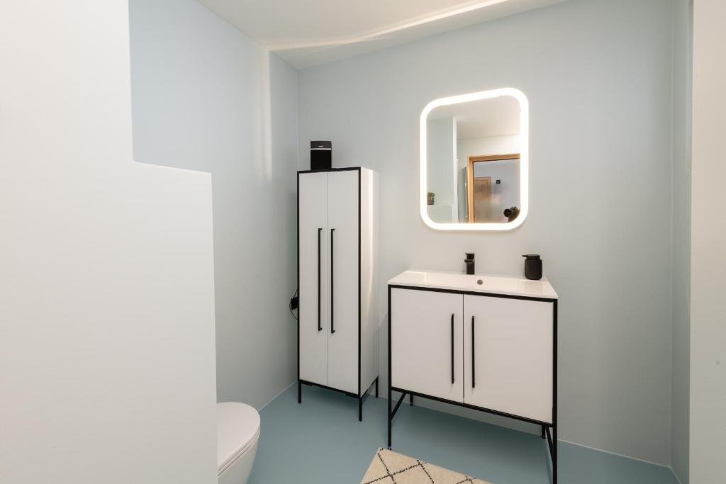希蒂绍Zu Gast bei den Hagspiels的一间带卫生间、水槽和镜子的浴室