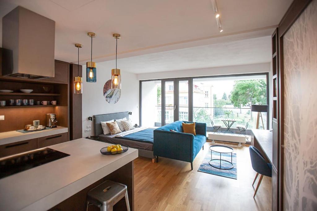 布尔诺Cosy Design Apartment IV的厨房以及带沙发的起居室。