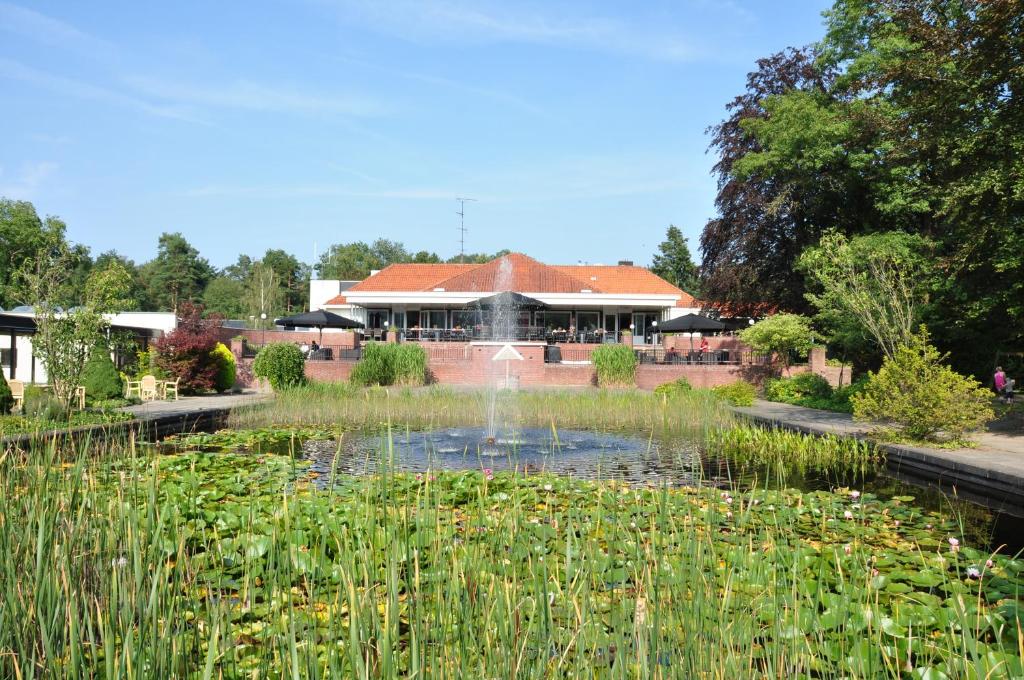 布克洛巴德布克洛度假酒店的花园中的池塘,后面是一座建筑