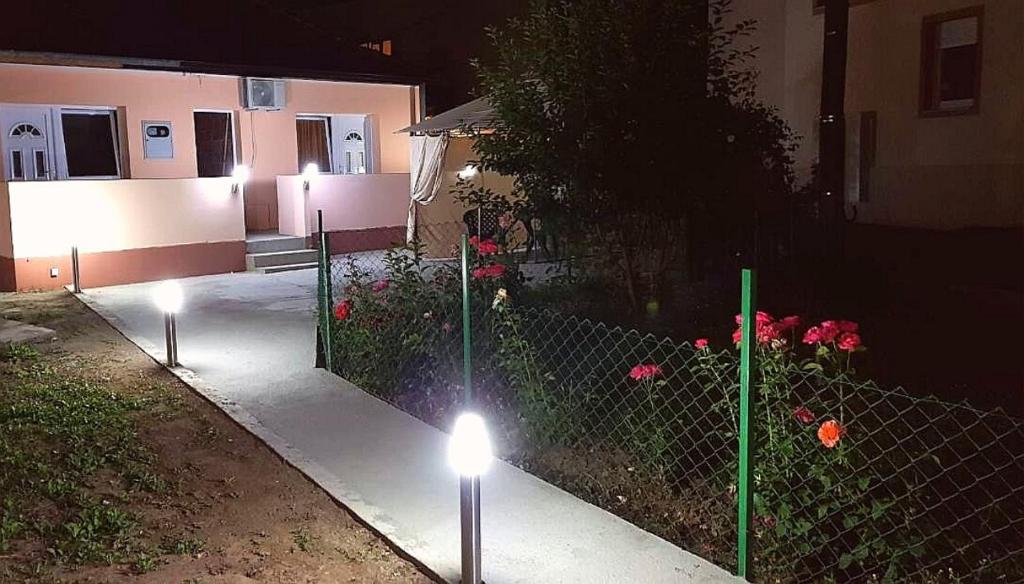 索科矿泉村Studio Isakovic Centar的夜间房屋前有灯光的栅栏