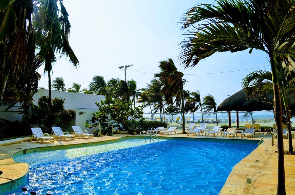 卡塔赫纳海滩俱乐部酒店的一个带椅子和棕榈树的大型游泳池