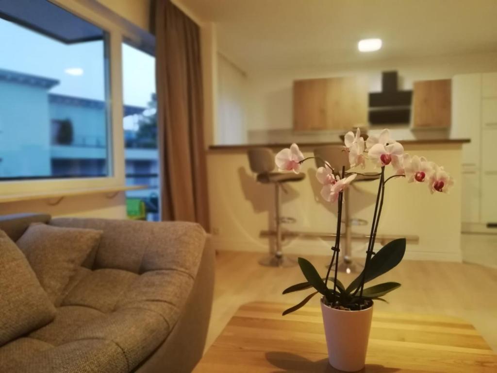 巴登-巴登Moscow Areal Suite的客厅配有沙发和鲜花花瓶
