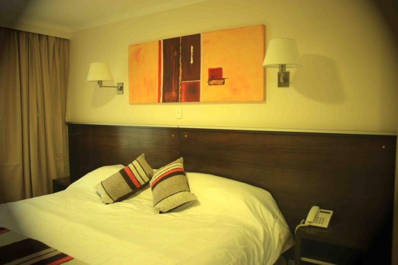 里奥加耶戈斯艾尔巴塔哥尼亚酒店的一间卧室配有一张带两个枕头的床和一部电话