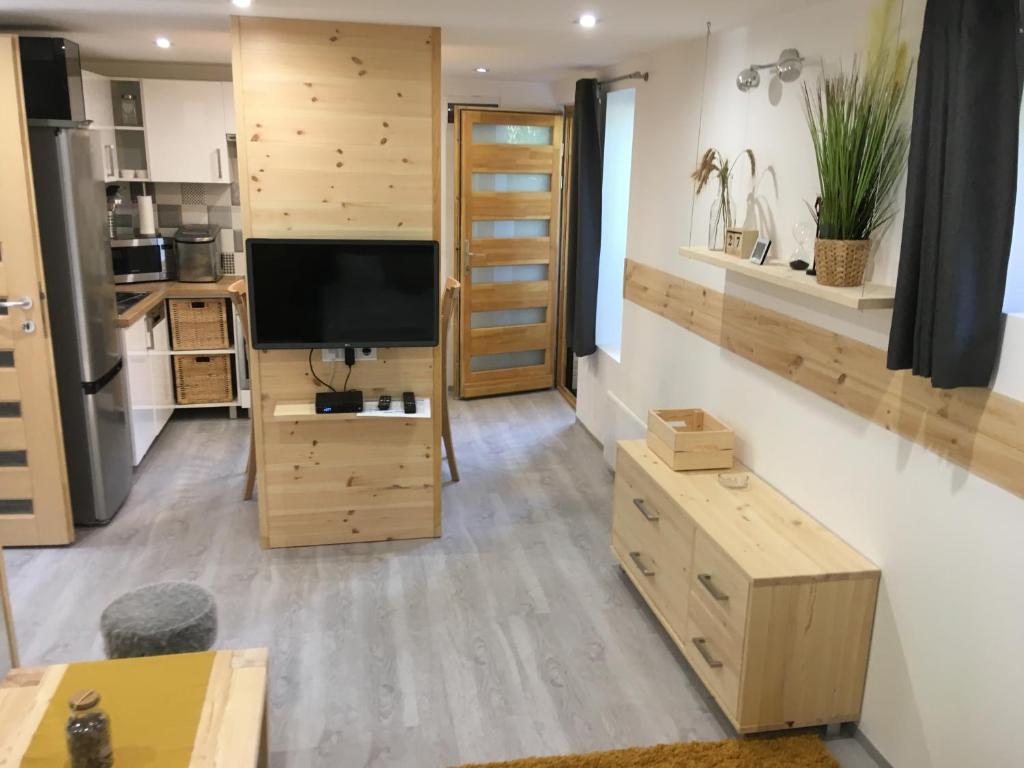 下厄尔什Modern Apartman Deluxe的一间带木制橱柜和平面电视的厨房