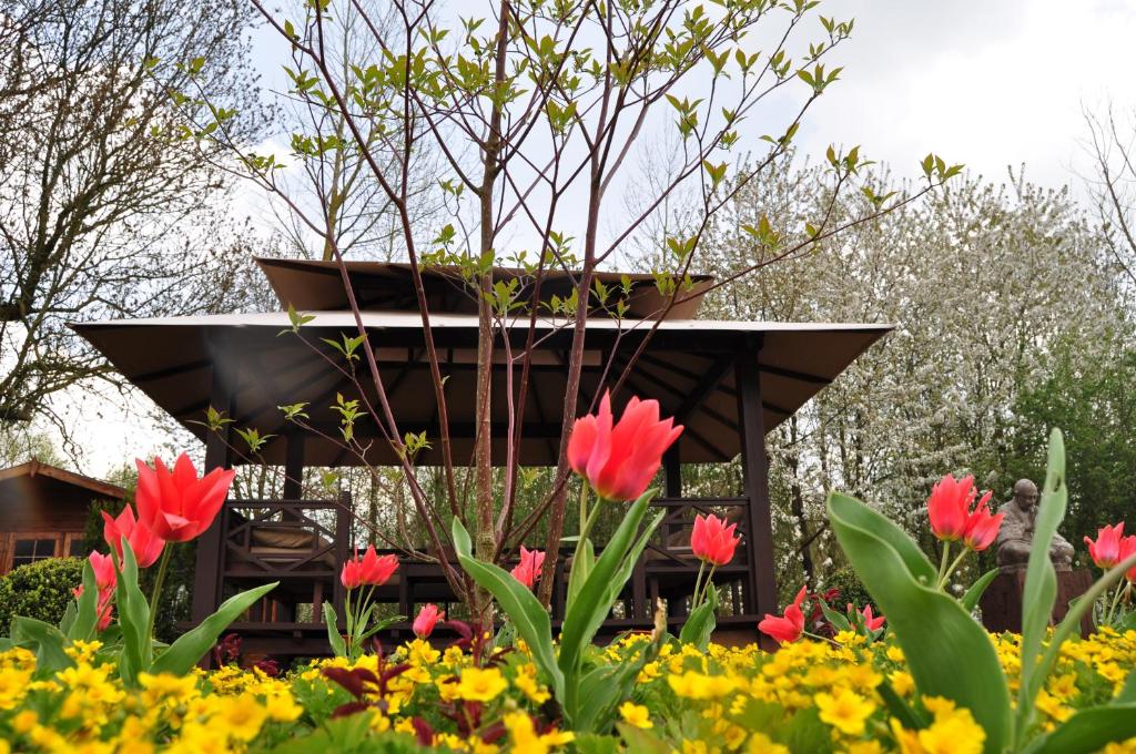 Sint-Maria-Latem拉特姆贝格住宿加早餐酒店的一座花园,在一座建筑前种有红色花卉