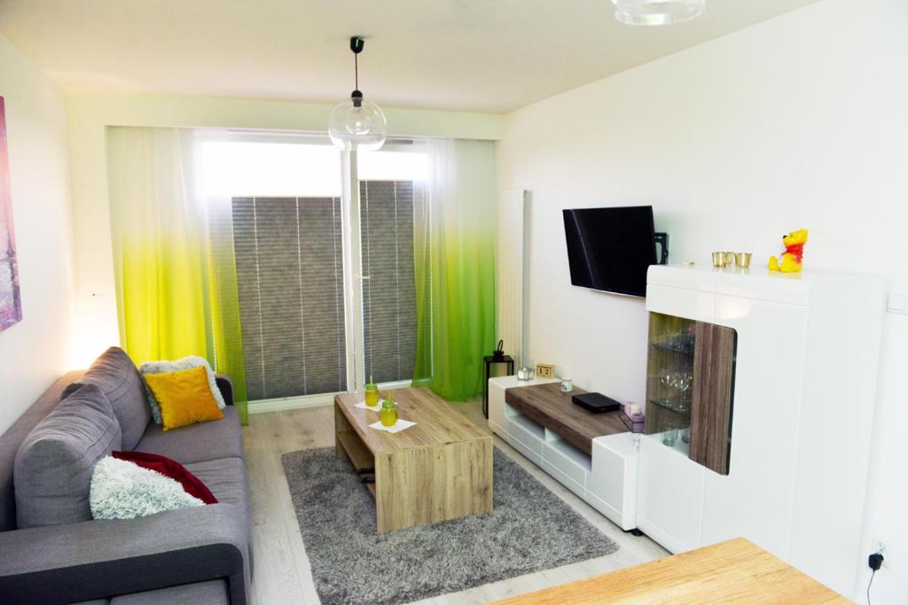 比亚瓦波德拉斯卡Apartament Żeromskiego的带沙发和电视的客厅