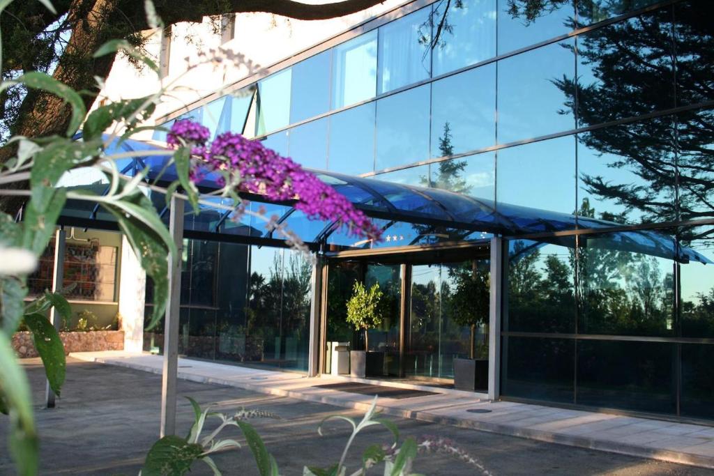 布里维耶斯卡Hosteria El Valles 2 ESTRELLAS的一座大玻璃建筑,前面有紫色的花朵