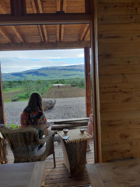 瓦德拉内斯Móðir Jörð Organic Farm Guesthouse in Vallanes的坐在门廊上看窗外的女人