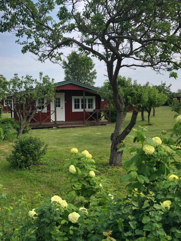 SandbyMälarhusen Semesterby Österlen - Stugor & Gårdssviter的红白房子,有树和花