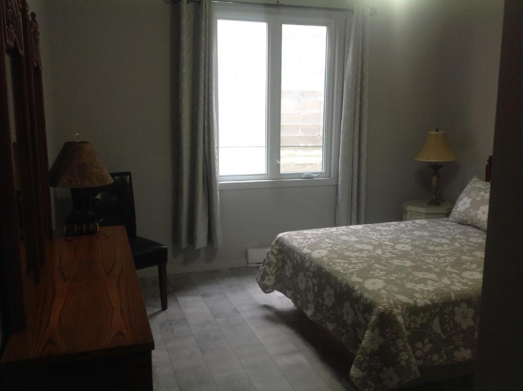 Saint-GédéonLes appartement 4 saisons des iles的一间卧室设有一张床和一个窗口
