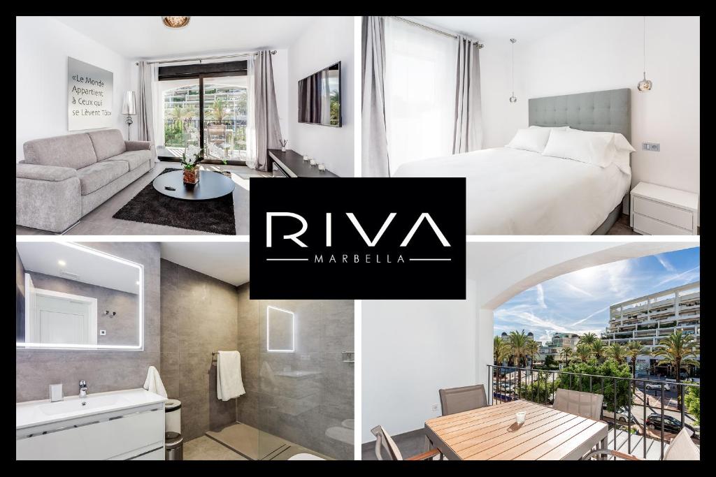 马贝拉by RIVA - Beautiful 1 Bedroom Chic Apartment in Banus Gardens的照片拼贴的酒店房间