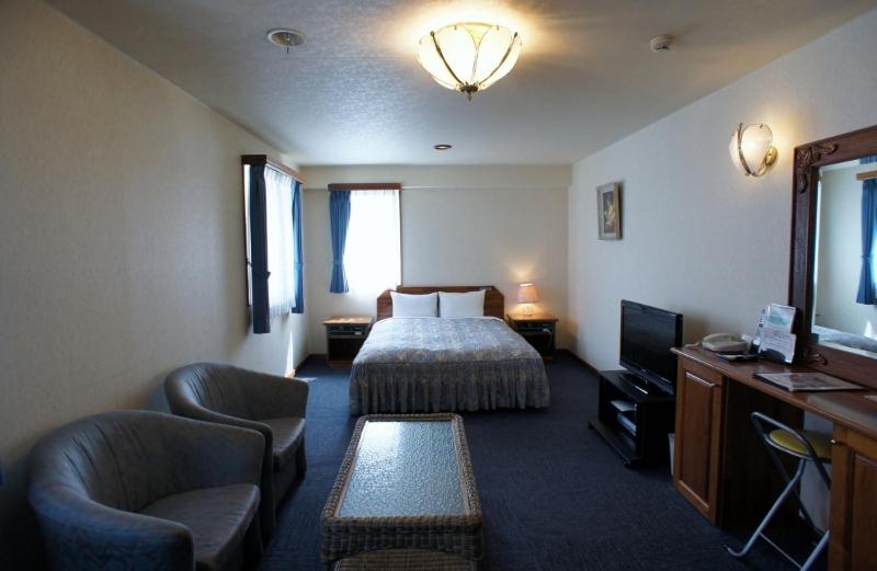 东村山市森特皮亚酒店的酒店客房配有一张床、一把椅子和一台电视。