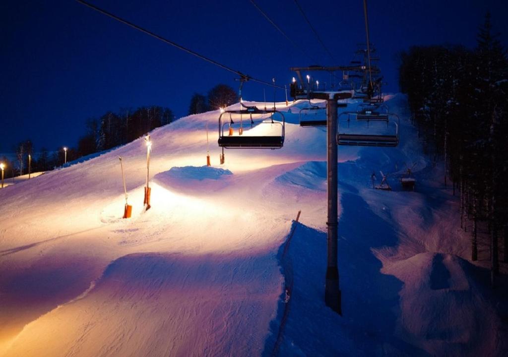 拉布雷斯L'ourson rider的雪覆盖的雪坡,夜间设有滑雪缆车