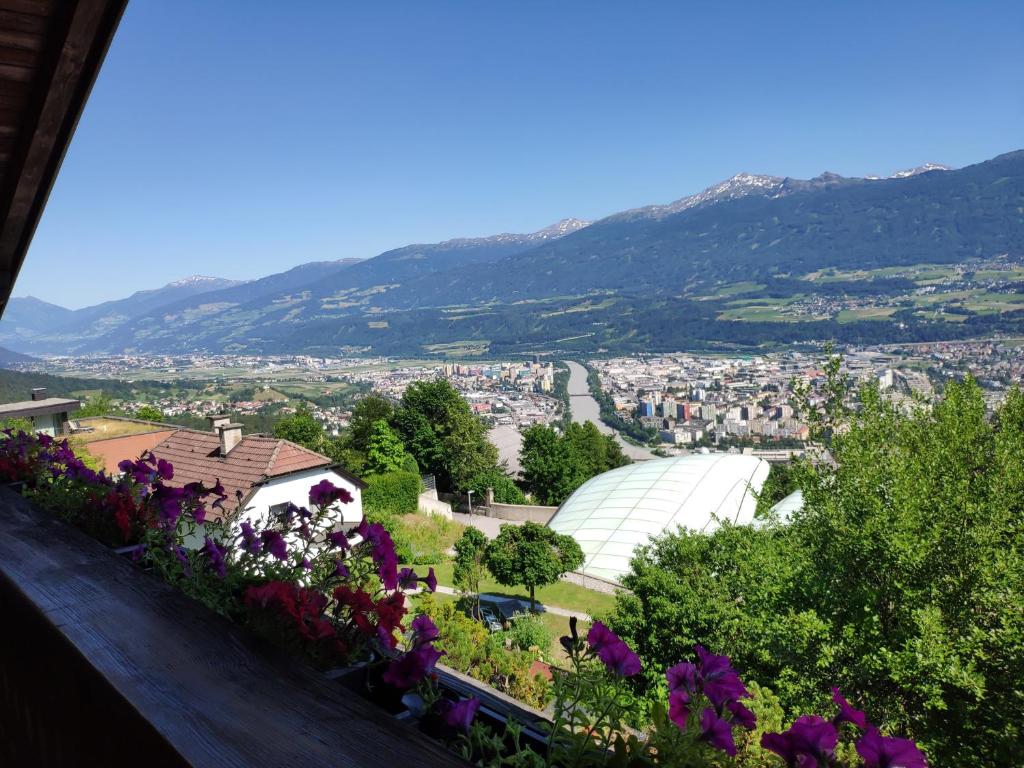 因斯布鲁克Alpendohle Apartments Innsbruck的从鲜花盛开的花园欣赏到城市美景