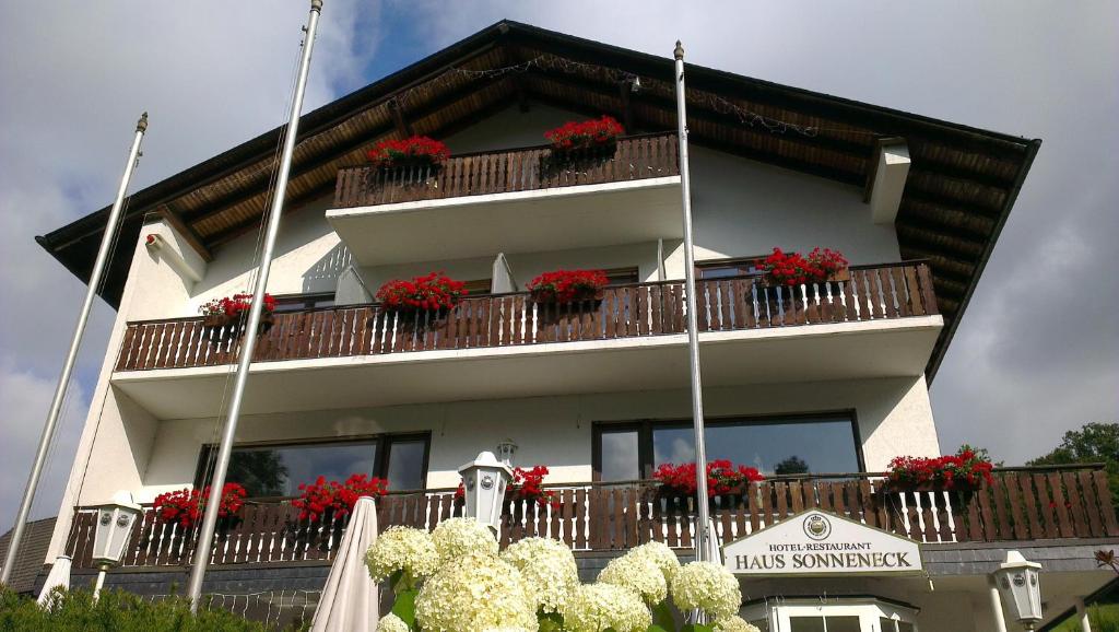 温特贝格索奈克酒店的阳台上的红色鲜花建筑