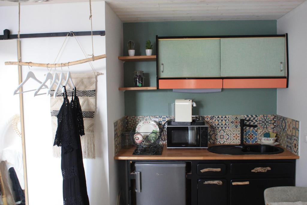 里夫杜海滩COUP DE COEUR Studio的厨房配有柜台和微波炉。