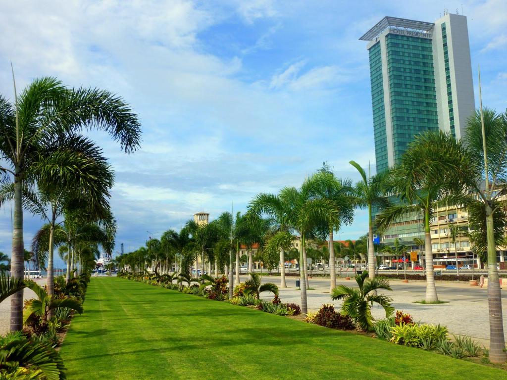 罗安达罗安达总统酒店的棕榈树公园和高楼