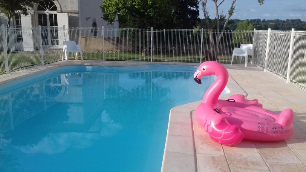 巴巴斯特莱斯巴斯提阿布莱特高尔夫酒店的游泳池里的粉红色充气火烈鸟