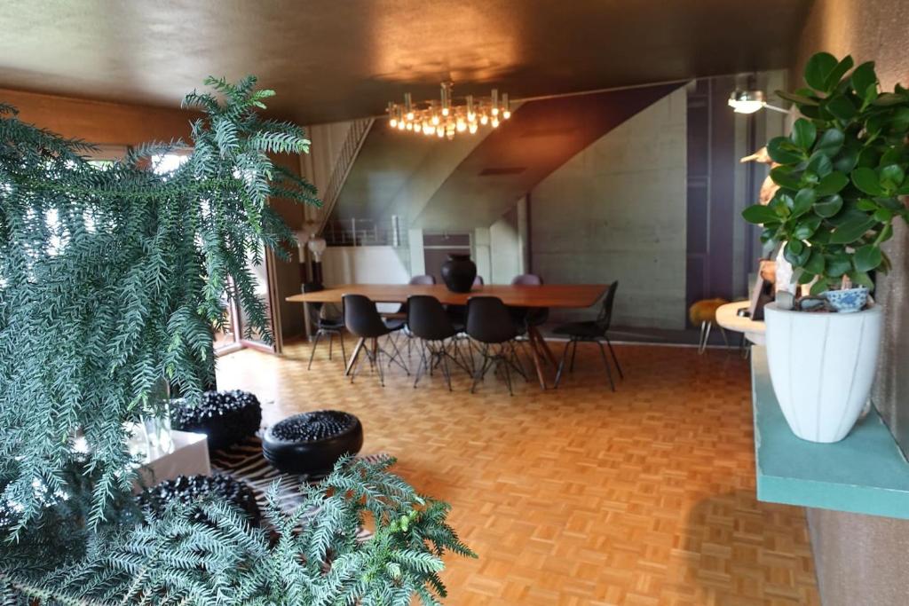 菲尔德施塔特Designerwohnung nahe Stuttgart Messe und Flughafen的一间设有桌子和一些植物的用餐室