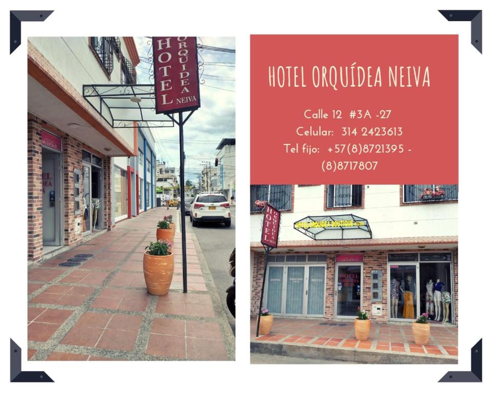 内瓦Hotel Orquídea Neiva的两张带餐厅标志的街道照片