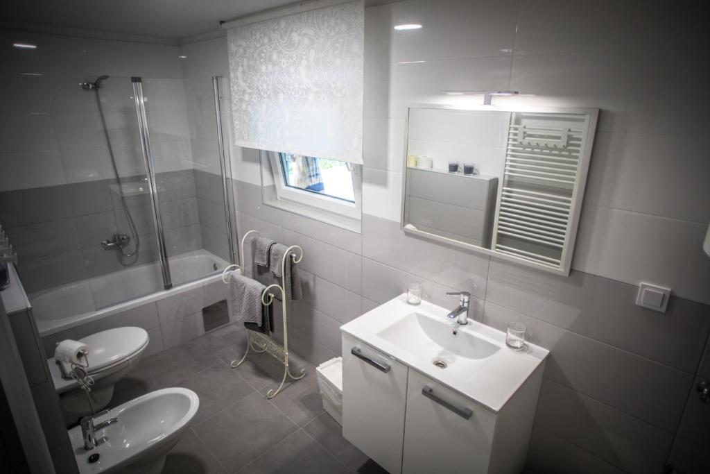 伊万尼奇格勒Apartman Magnolia的一间带水槽、卫生间和镜子的浴室