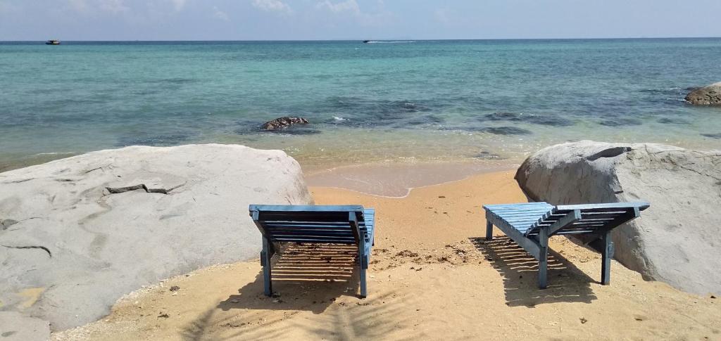 刁曼岛Beach House的两把椅子坐在靠近水面的海滩上