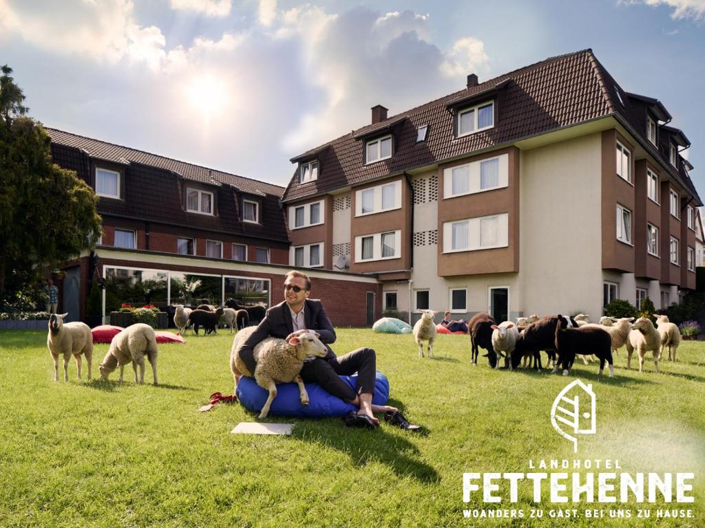 勒沃库森Landhotel Fettehenne的一只羊坐在草地上