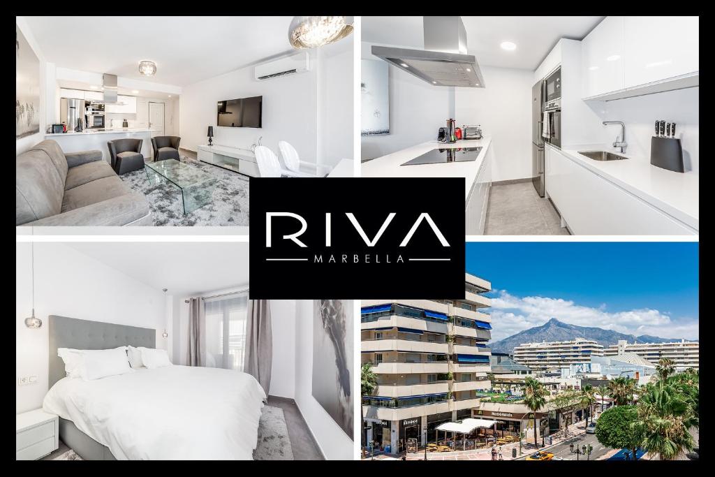 马贝拉by RIVA - Luxurious, Exclusive 2 Bedroom Apt inside Puerto Banus的卧室和公寓的两张照片拼合在一起