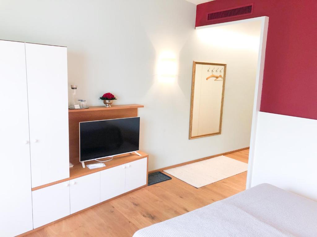 YbbsitzDie Schmiede的一间卧室配有电视、一张床和镜子