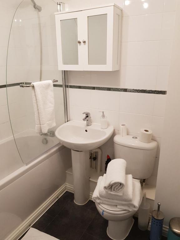 巴塞尔顿Vetrelax Basildon Crosse Apartment的白色的浴室设有水槽和卫生间。