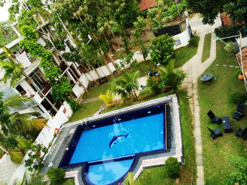 米瑞莎一一平静宫酒店的享有庭院游泳池的顶部景色