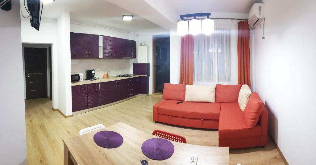 北马马亚-讷沃达里Briza Marii的一间带红色沙发的客厅和一间厨房