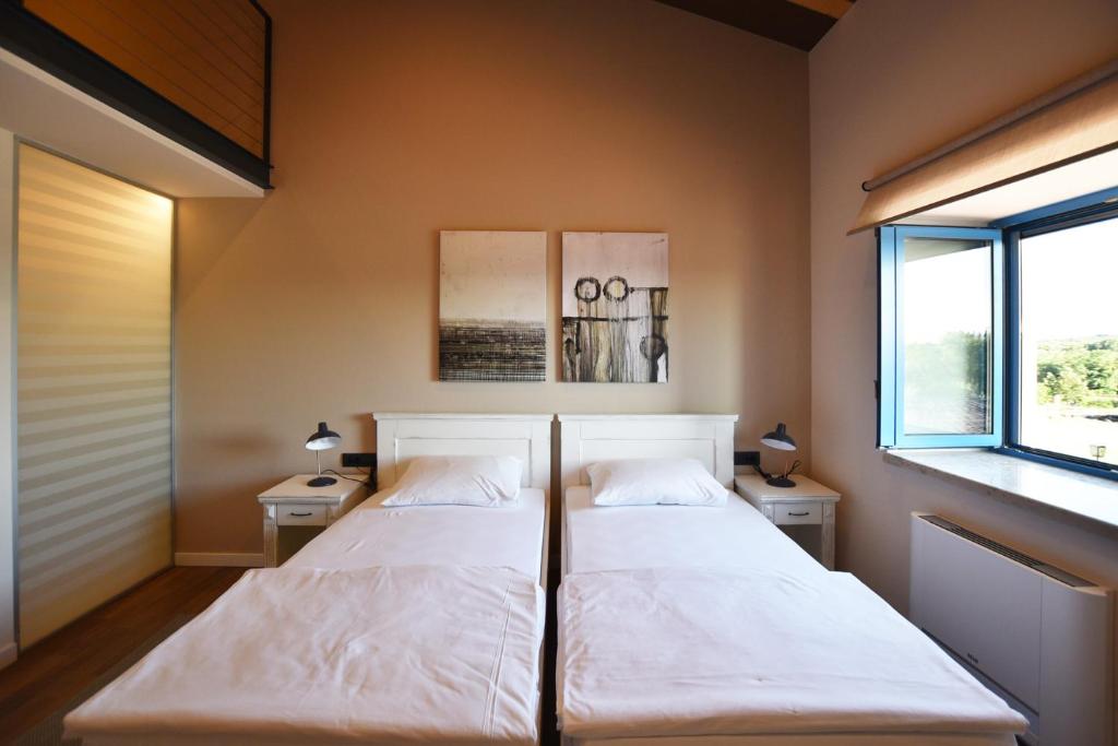 波雷奇Bed&Breakfast Monte Rosso的带2扇窗户的客房内的2张床